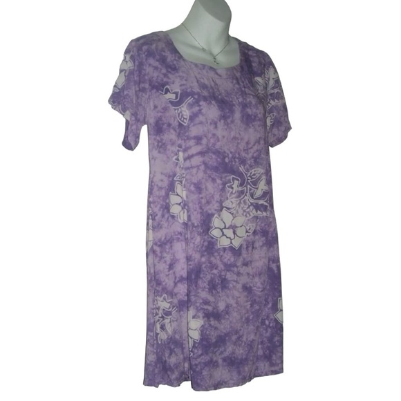 Vintage 90s Far Away Dress Tie Dye Floral Purple Whimsigoth Beach Boho Tiki Sz L - Picture 2 of 9
